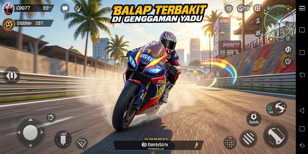 Screenshot gameplay COO77 menampilkan balapan motor yang mendebarkan.