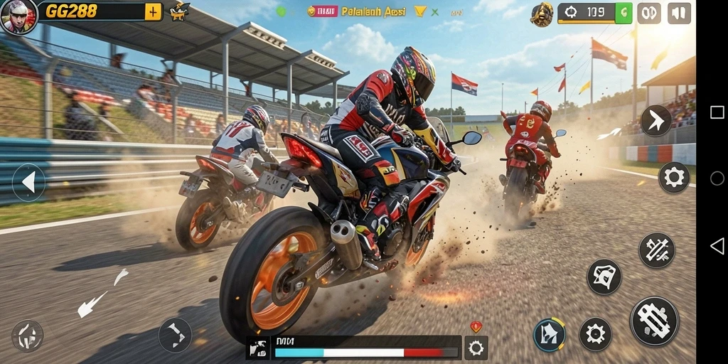 Tampilan gameplay GG288 yang mendebarkan dalam balapan motor.