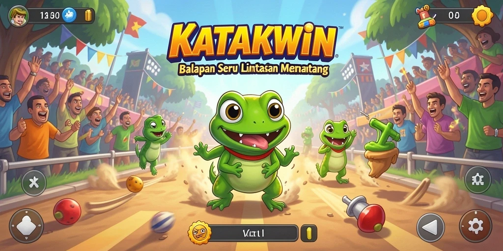 Tampilan gameplay KATAKWIN dengan katak balap di lintasan penuh warna.