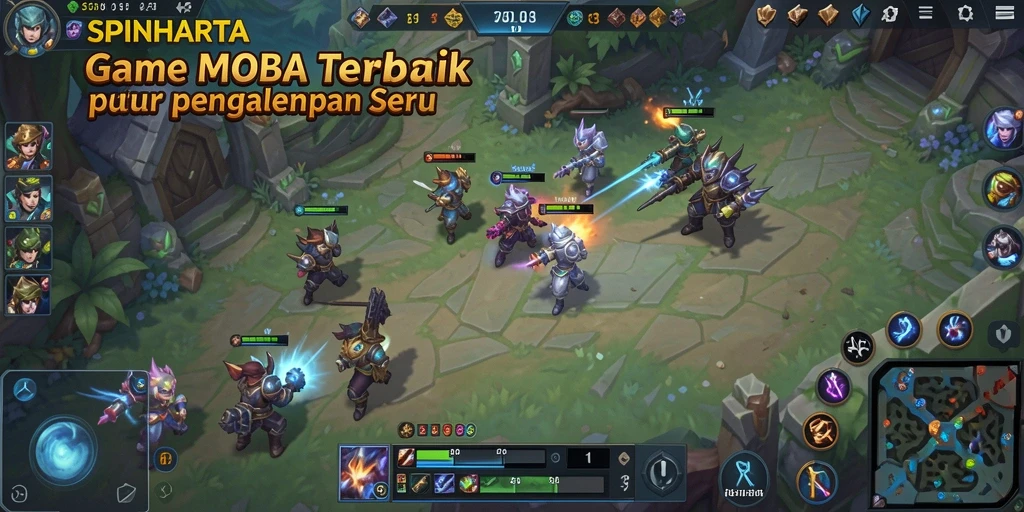 Tampilan aksi seru dalam SPINHARTA dengan strategi MOBA yang menarik.